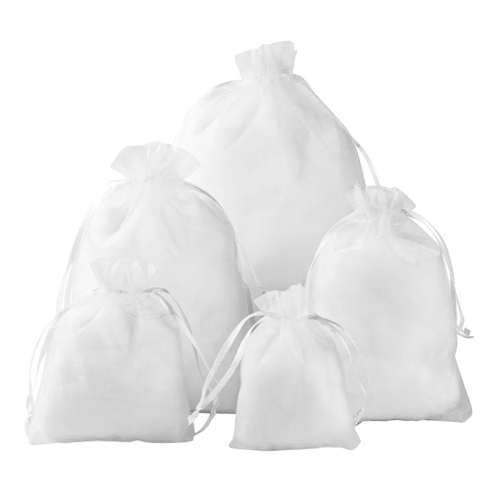 1 Bag 5 Style Organza Gift Bags with Drawstring, Jewelry Pouches, Wedding Party Christmas Favor Gift Bags, White, 100pcs/bag