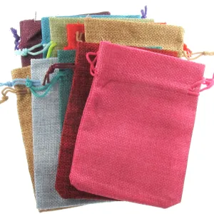 10 Burlap-Style Fabric Drawstring Bags - Assorted Colors - Rustic Cloth Pouches