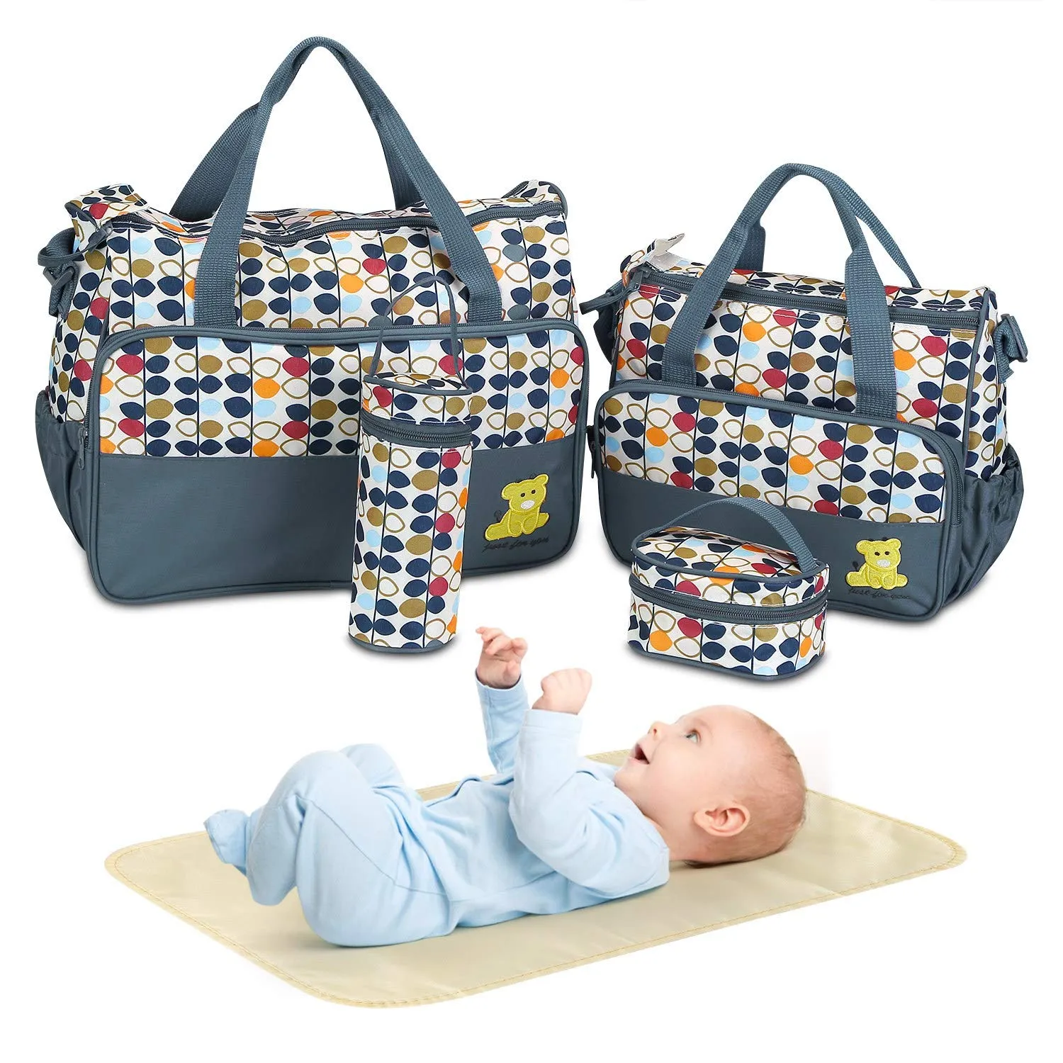 5PCS Diaper Bag Tote Set for Baby Essentials  Large Baby Bags for Mom, Waterproof Maternity Bags with Bottle Bag, Food Bag & Changing Pad (Gray)