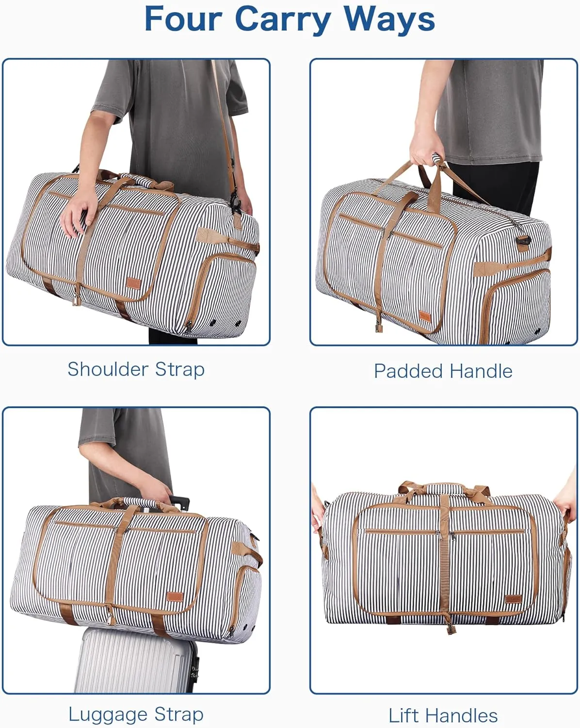 80L Large Duffle Bag for Travel, 26 Travel Duffel Bag with Shoe Compartment, Foldable Collapsible Overnight Bag Gym Bag Weekender Bags for Men Women, Water & Tear Resistant (Stripe, 80L)