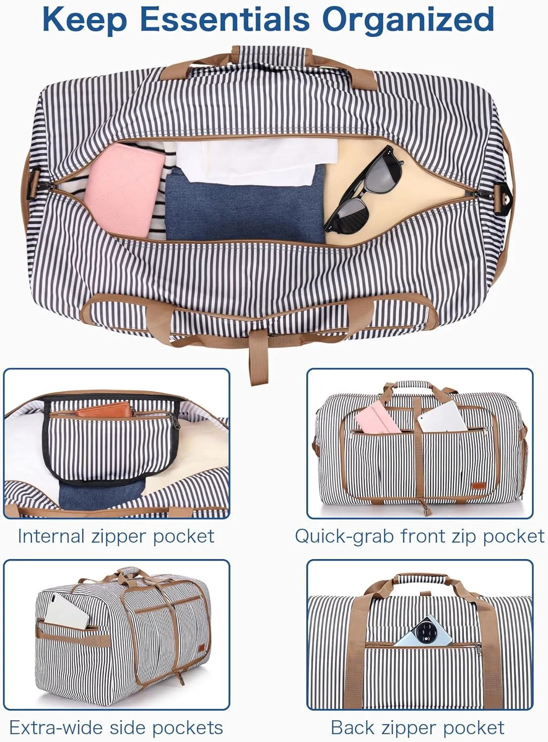 80L Large Duffle Bag for Travel, 26 Travel Duffel Bag with Shoe Compartment, Foldable Collapsible Overnight Bag Gym Bag Weekender Bags for Men Women, Water & Tear Resistant (Stripe, 80L)