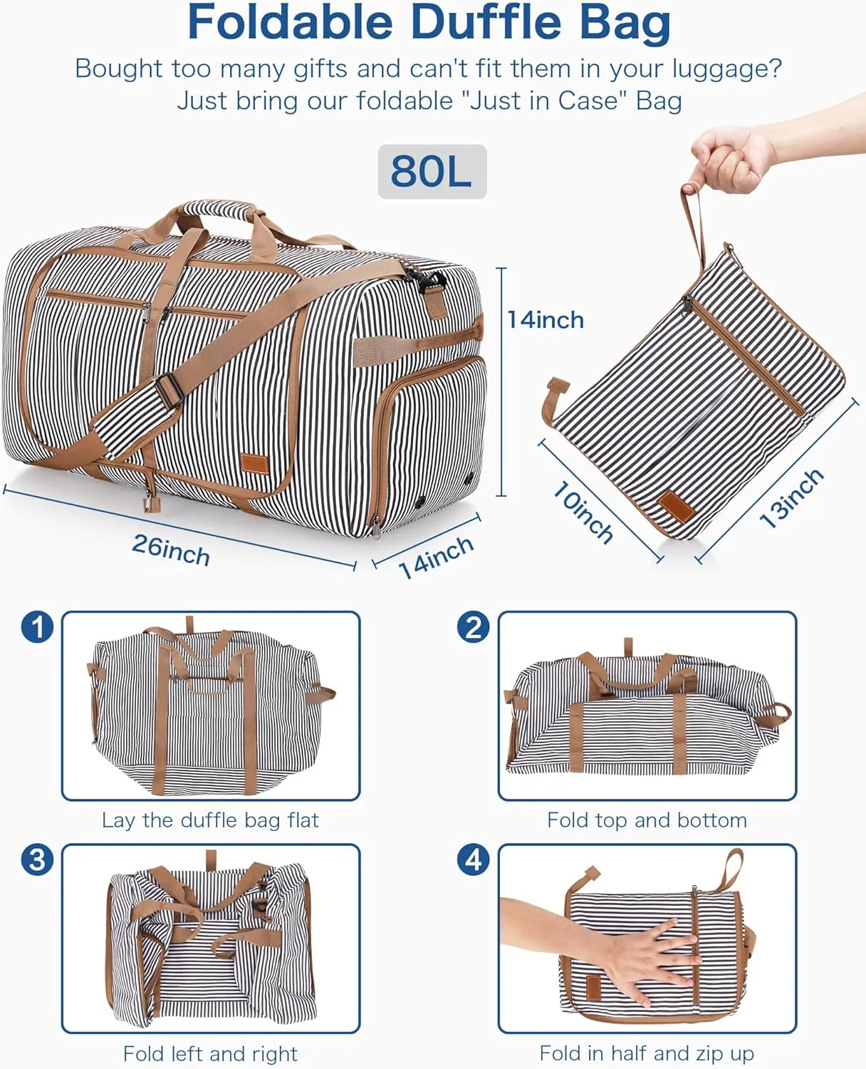 80L Large Duffle Bag for Travel, 26 Travel Duffel Bag with Shoe Compartment, Foldable Collapsible Overnight Bag Gym Bag Weekender Bags for Men Women, Water & Tear Resistant (Stripe, 80L)