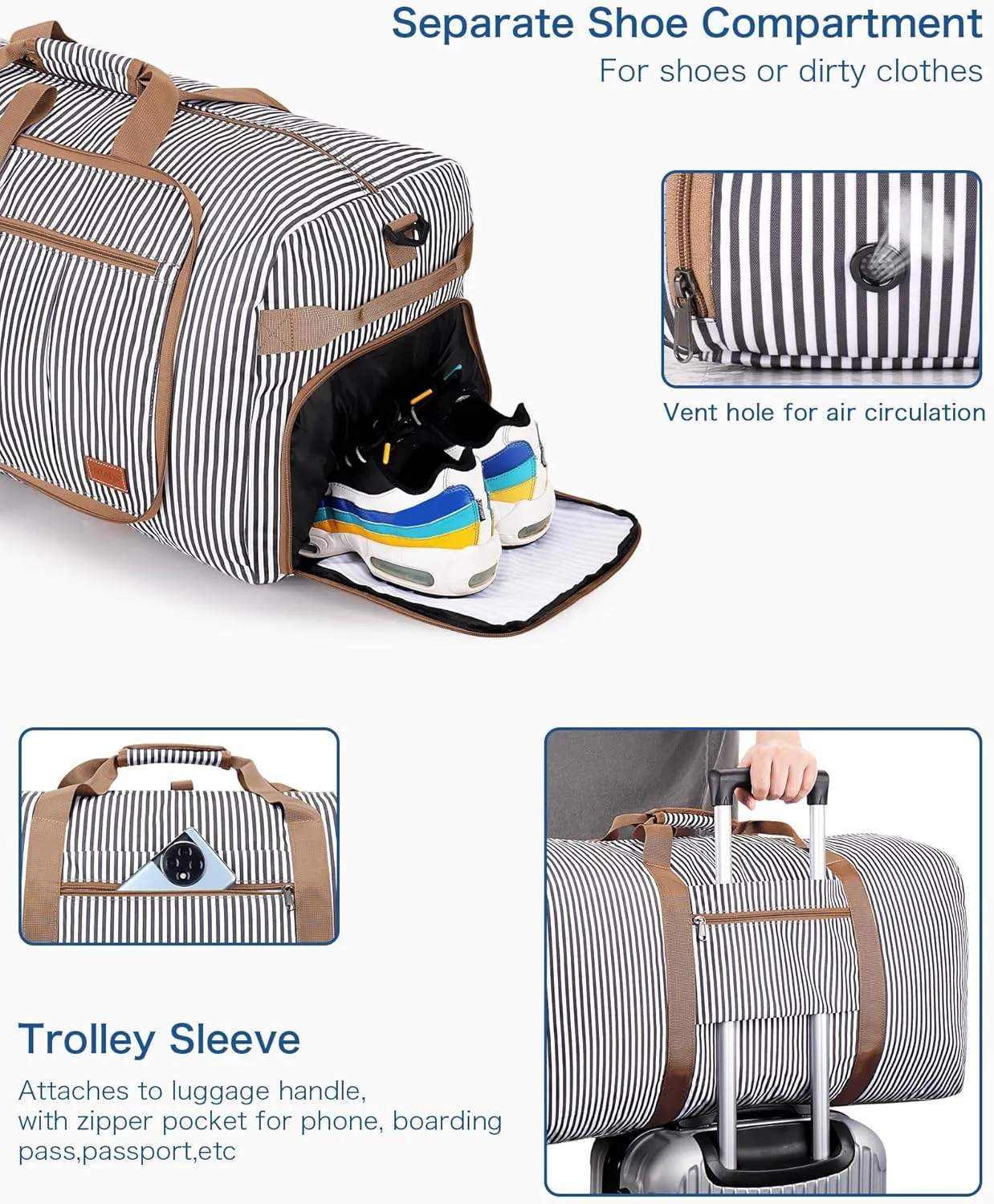 80L Large Duffle Bag for Travel, 26 Travel Duffel Bag with Shoe Compartment, Foldable Collapsible Overnight Bag Gym Bag Weekender Bags for Men Women, Water & Tear Resistant (Stripe, 80L)