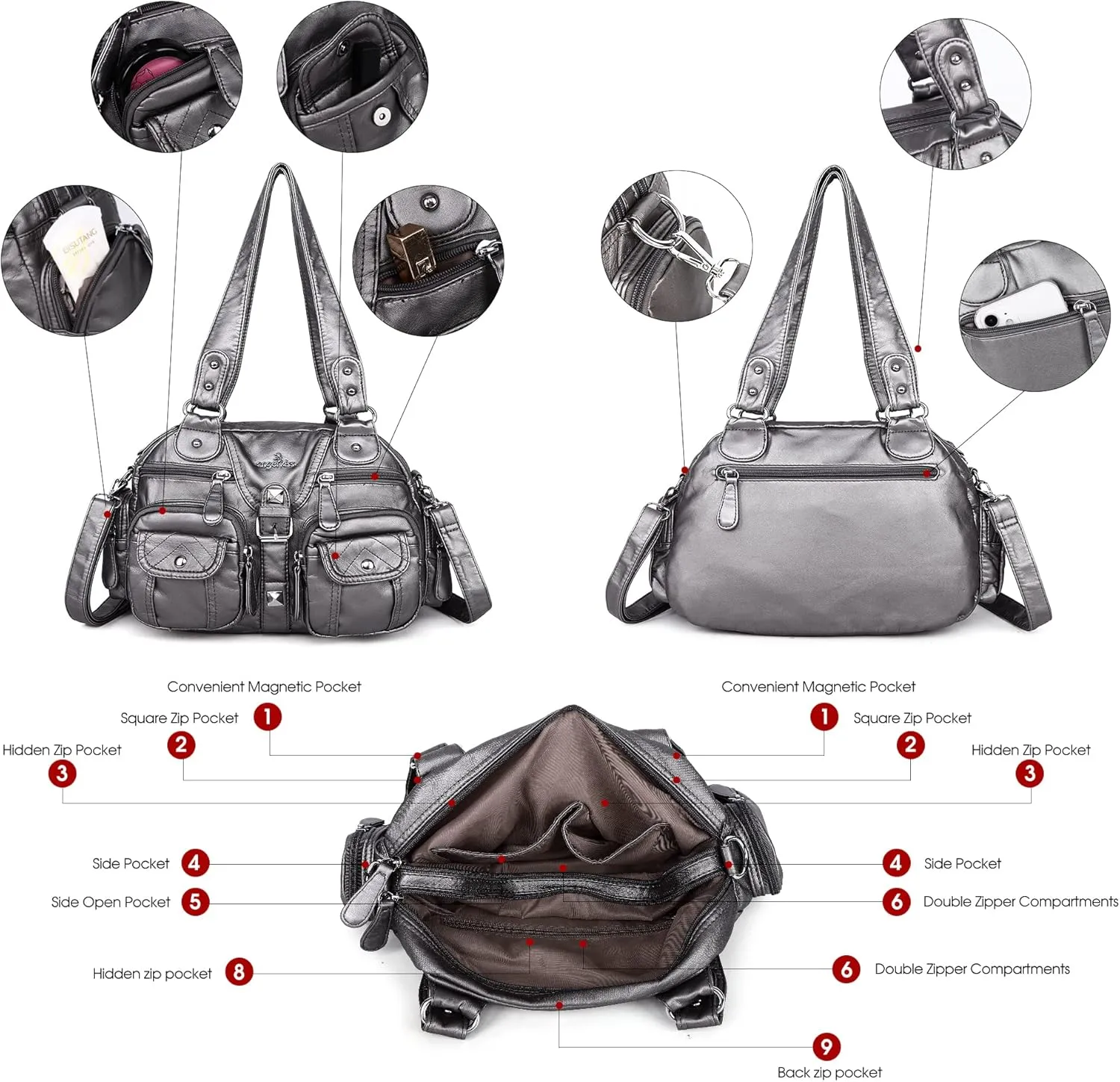 Angel Kiss Hobo Crossbody Purses for Women Shoulder Bag Multipocket Soft Hobo Purses Removable Strap Leather Handbags