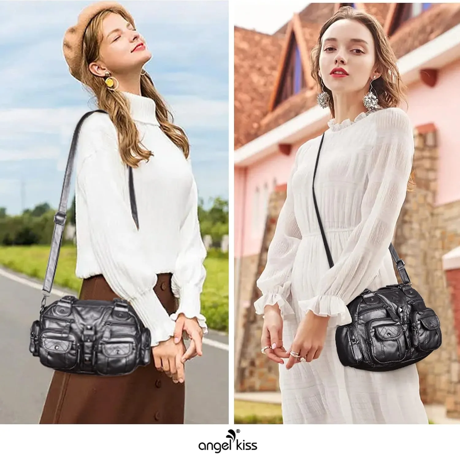 Angel Kiss Hobo Crossbody Purses for Women Shoulder Bag Multipocket Soft Hobo Purses Removable Strap Leather Handbags