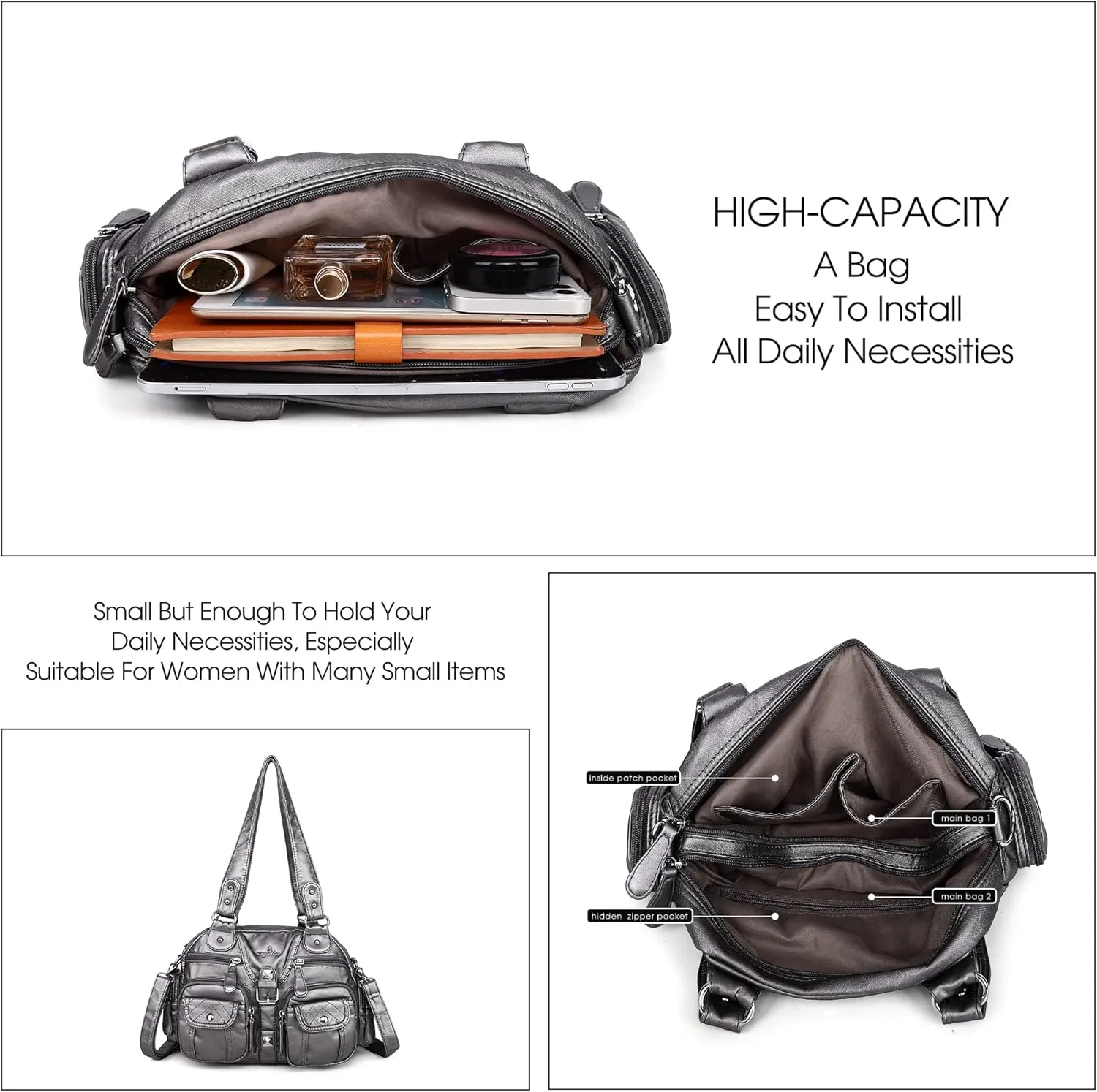 Angel Kiss Hobo Crossbody Purses for Women Shoulder Bag Multipocket Soft Hobo Purses Removable Strap Leather Handbags