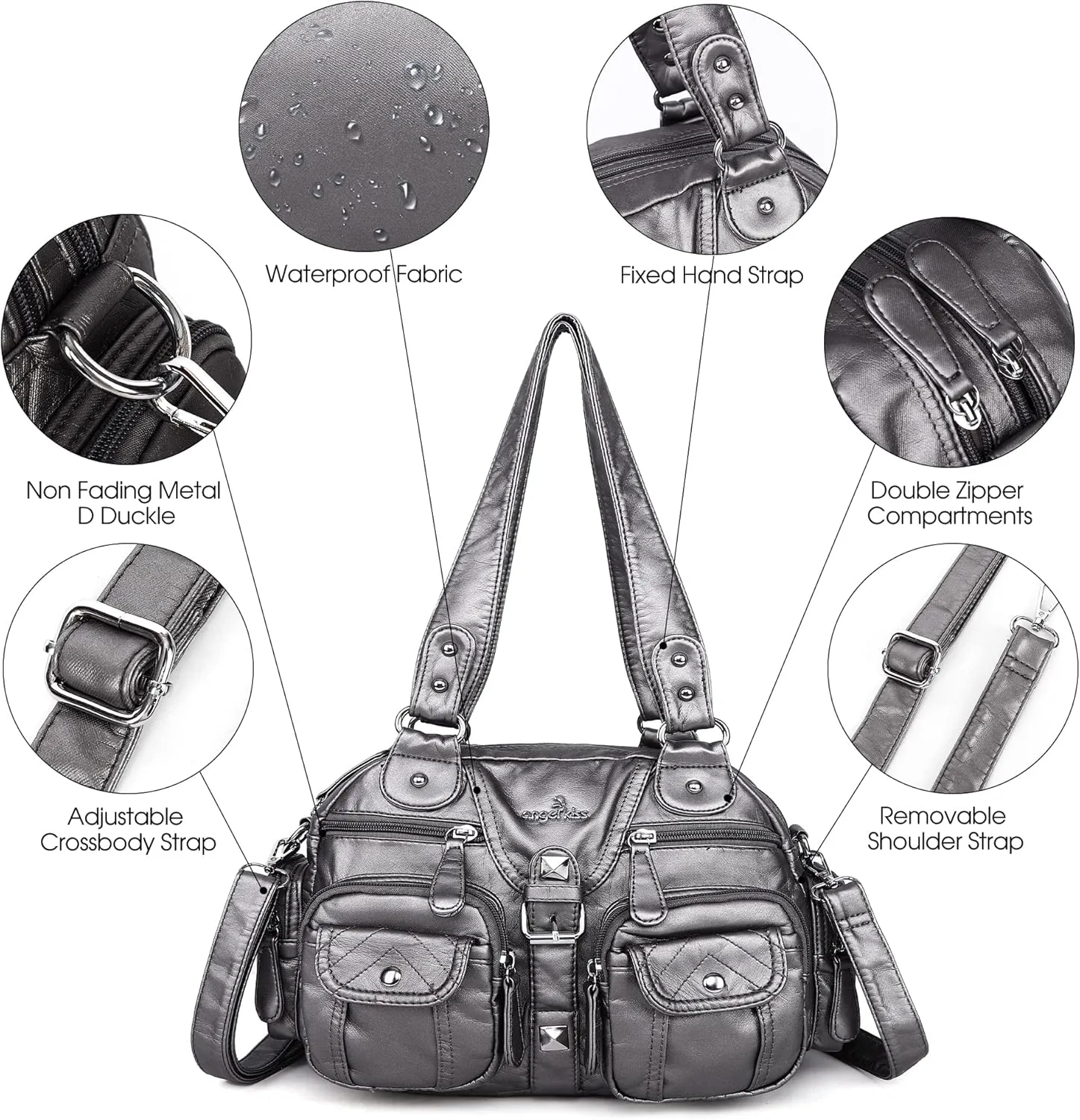 Angel Kiss Hobo Crossbody Purses for Women Shoulder Bag Multipocket Soft Hobo Purses Removable Strap Leather Handbags