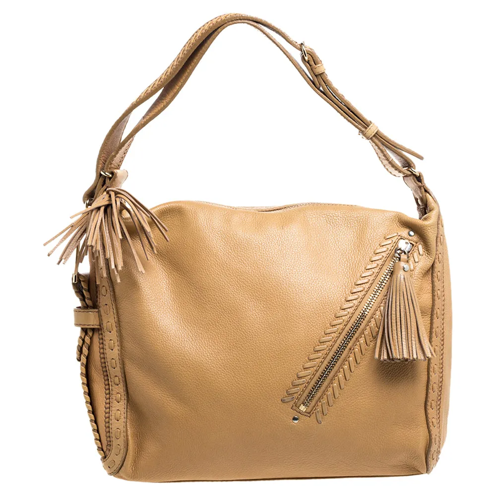 Beige Leather Lily Tassel Hobo