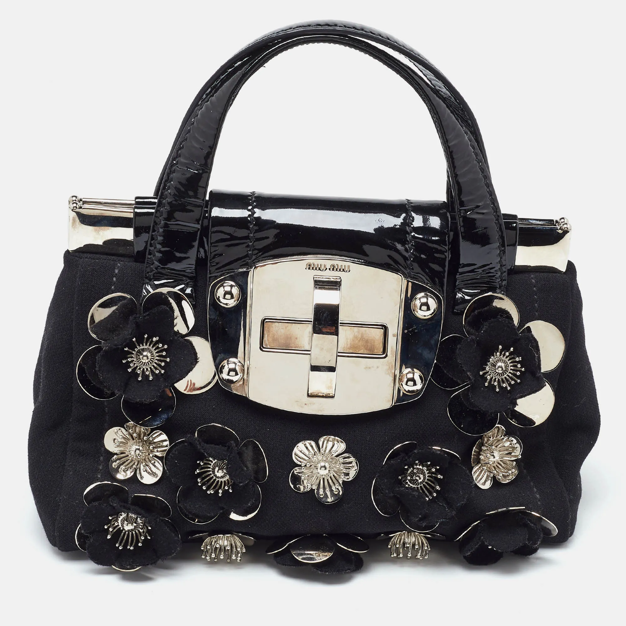 Black Canvas and Patent Leather Flower Embellished Satchel