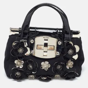 Black Canvas and Patent Leather Flower Embellished Satchel