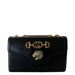 Black Leather Rajah Tiger Head Medium Shoulder Bag