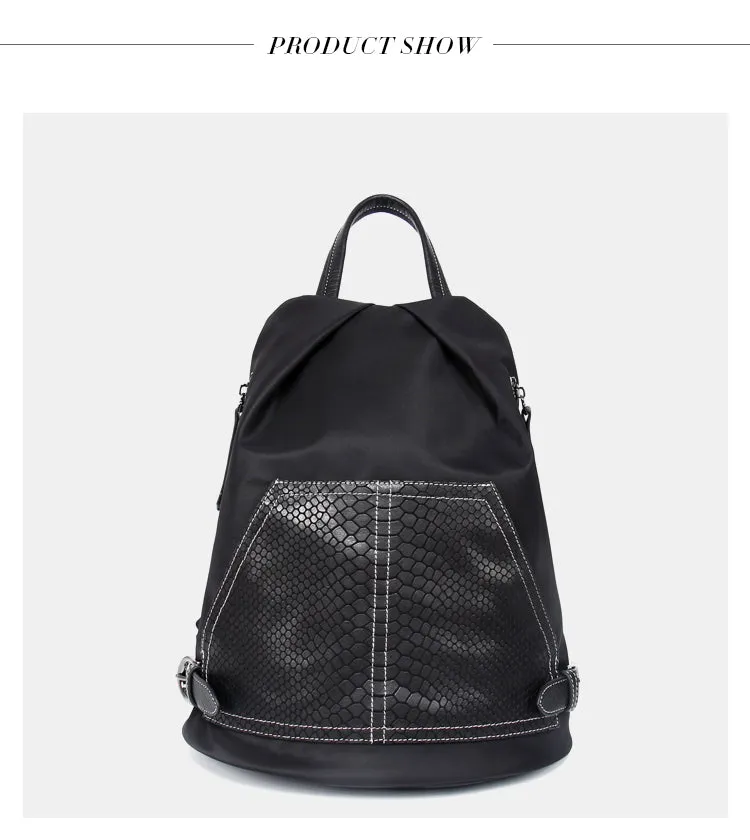 Black Nylon Satchel Backpack Womens Snake Pattern Leather School Backpacks Purse Nylon Leather Travel Rucksack for Ladies