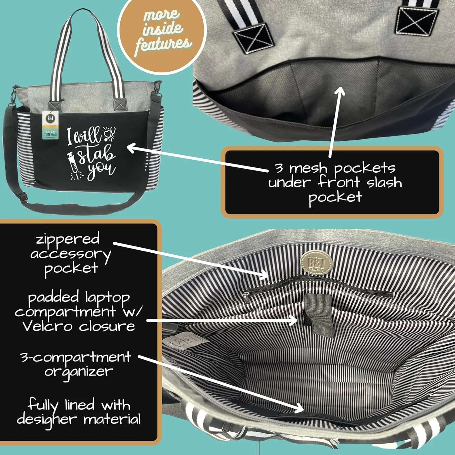 Brooke & Jess Designs Large Work Tote Bags with Pockets for Women - Travel Carry-on Laptop Bag