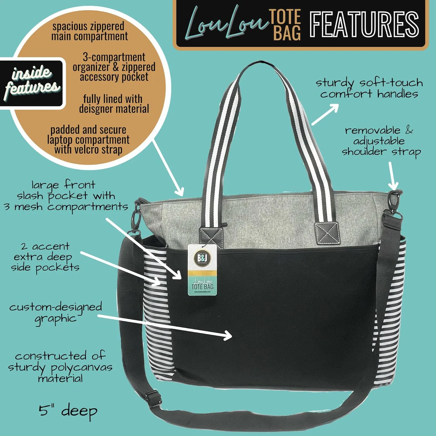 Brooke & Jess Designs Large Work Tote Bags with Pockets for Women - Travel Carry-on Laptop Bag