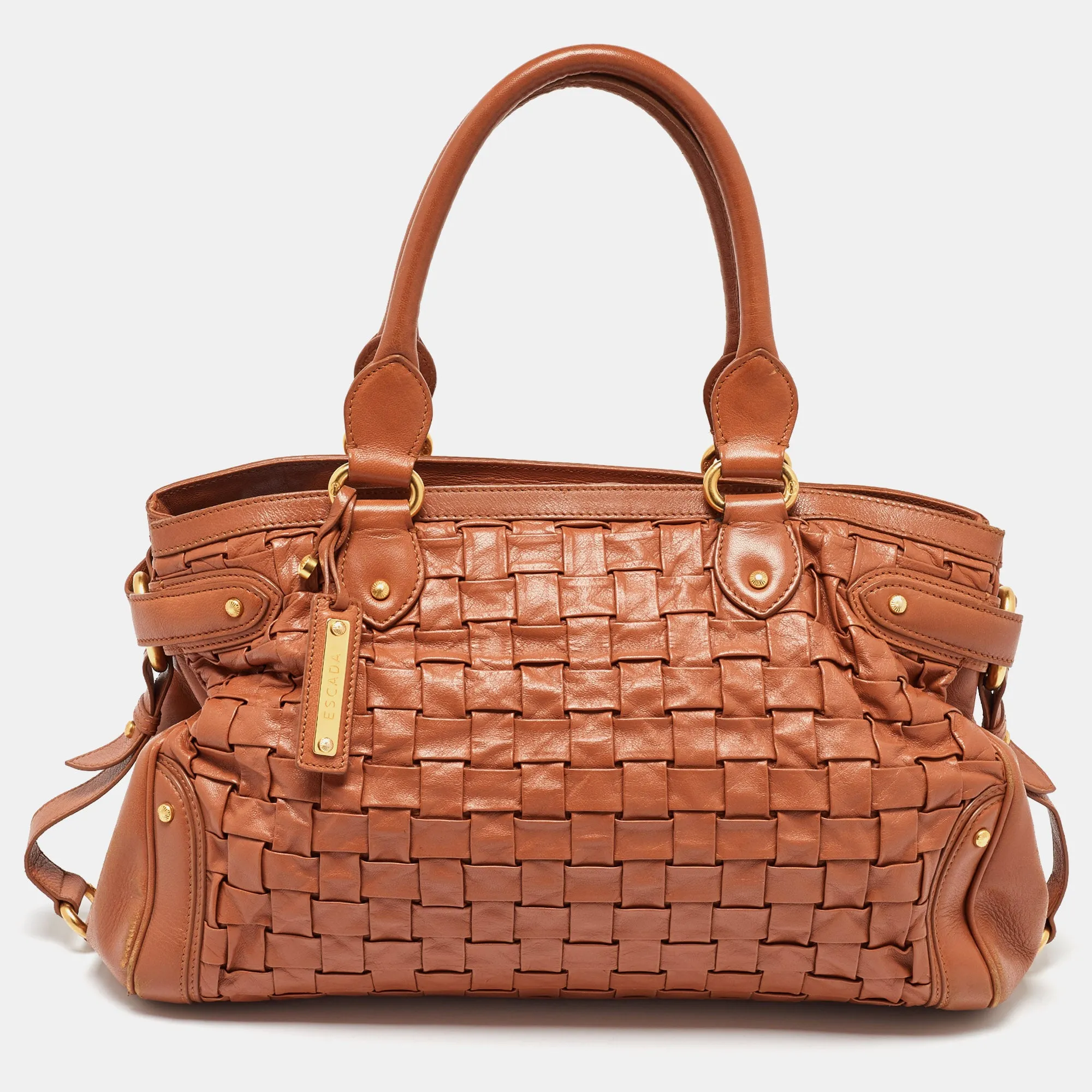 Brown Woven Leather Horizontal Margaretha Tote