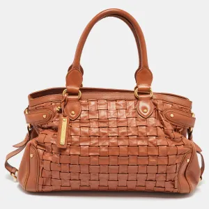 Brown Woven Leather Horizontal Margaretha Tote