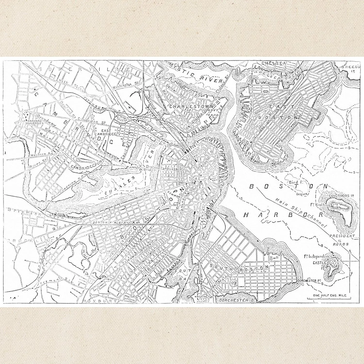 CafePress Vintage Map Of Boston (1878) Tote Bag Reusable Natural Beige Canvas Shopping Bag