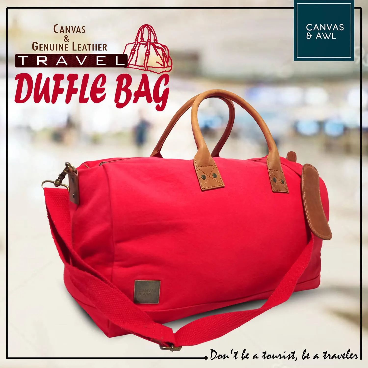 CANVAS & AWL Canvas with Genuine Leather Trim Unisex Travel Duffle Bag, Shoulder Weekender Overnight Bag (Red)
