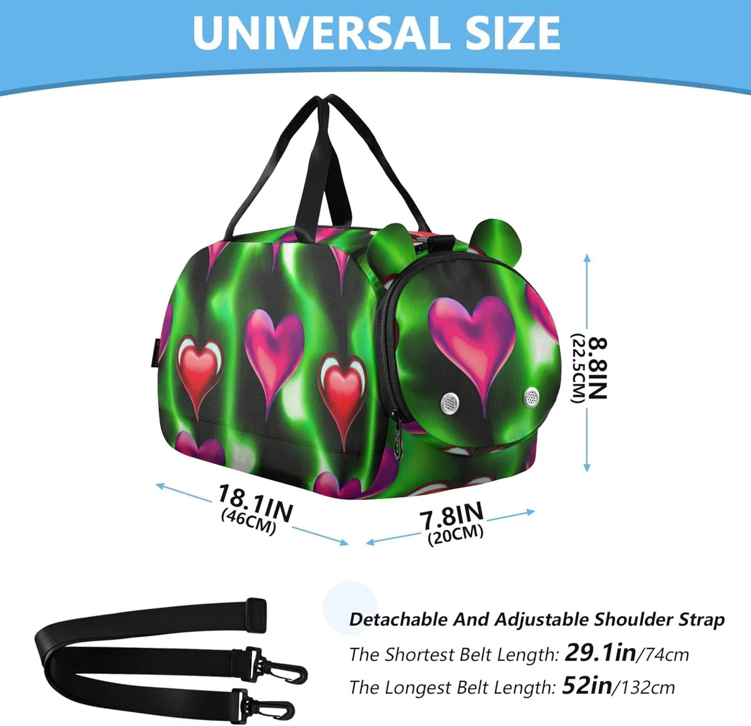 Carry on Duffel Bag for Boys Alternating Glowing Hearts Neon Weekend Duffel Overnight Girls Duffle Bags Travel Tote Sports Dance Bag