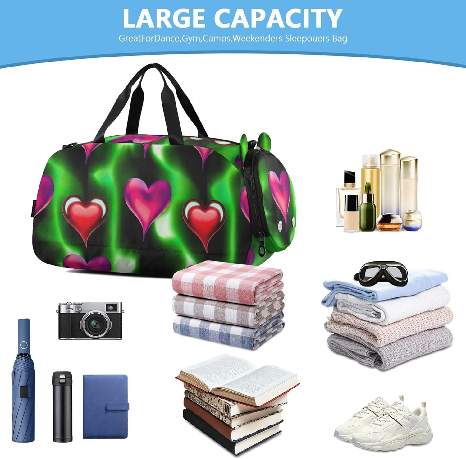 Carry on Duffel Bag for Boys Alternating Glowing Hearts Neon Weekend Duffel Overnight Girls Duffle Bags Travel Tote Sports Dance Bag