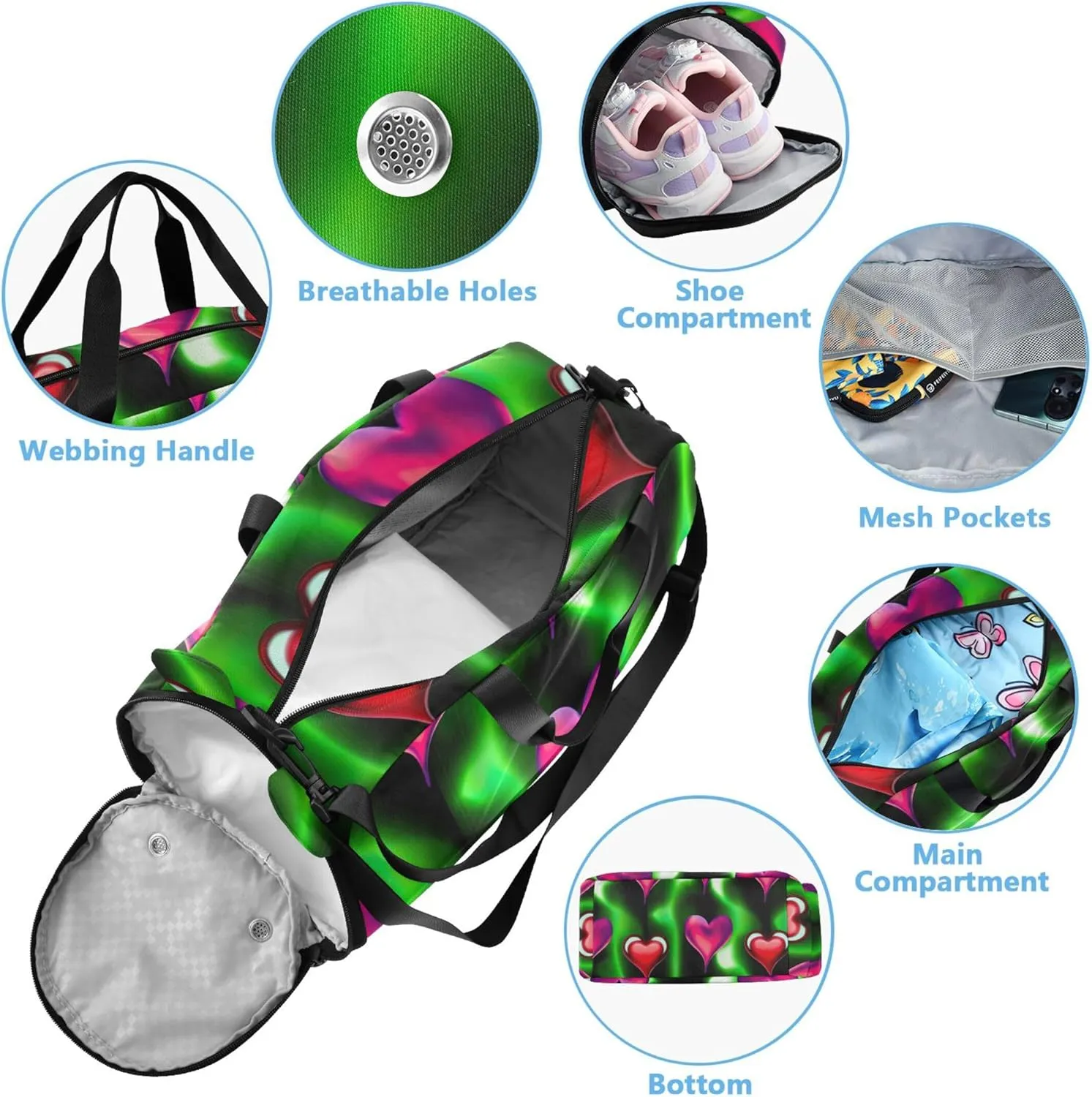 Carry on Duffel Bag for Boys Alternating Glowing Hearts Neon Weekend Duffel Overnight Girls Duffle Bags Travel Tote Sports Dance Bag