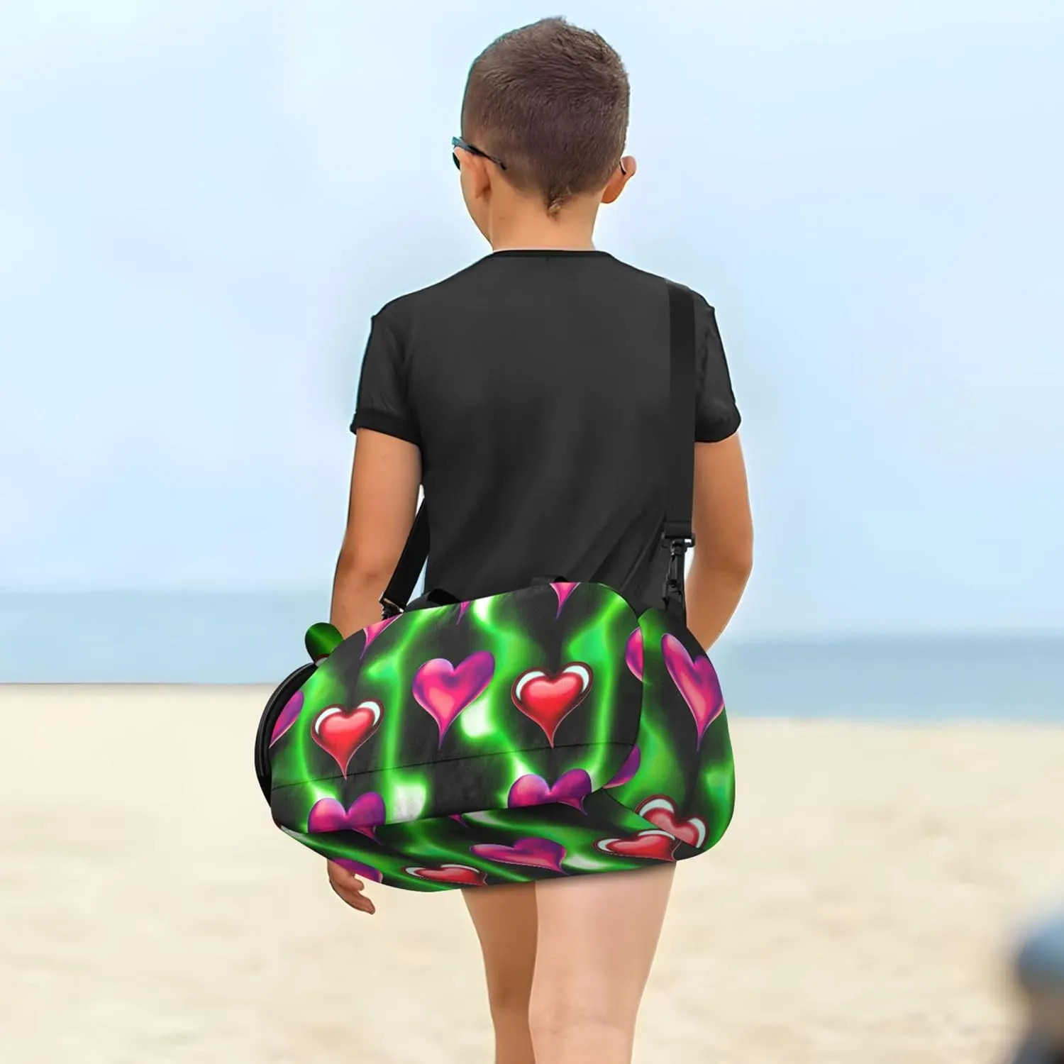 Carry on Duffel Bag for Boys Alternating Glowing Hearts Neon Weekend Duffel Overnight Girls Duffle Bags Travel Tote Sports Dance Bag