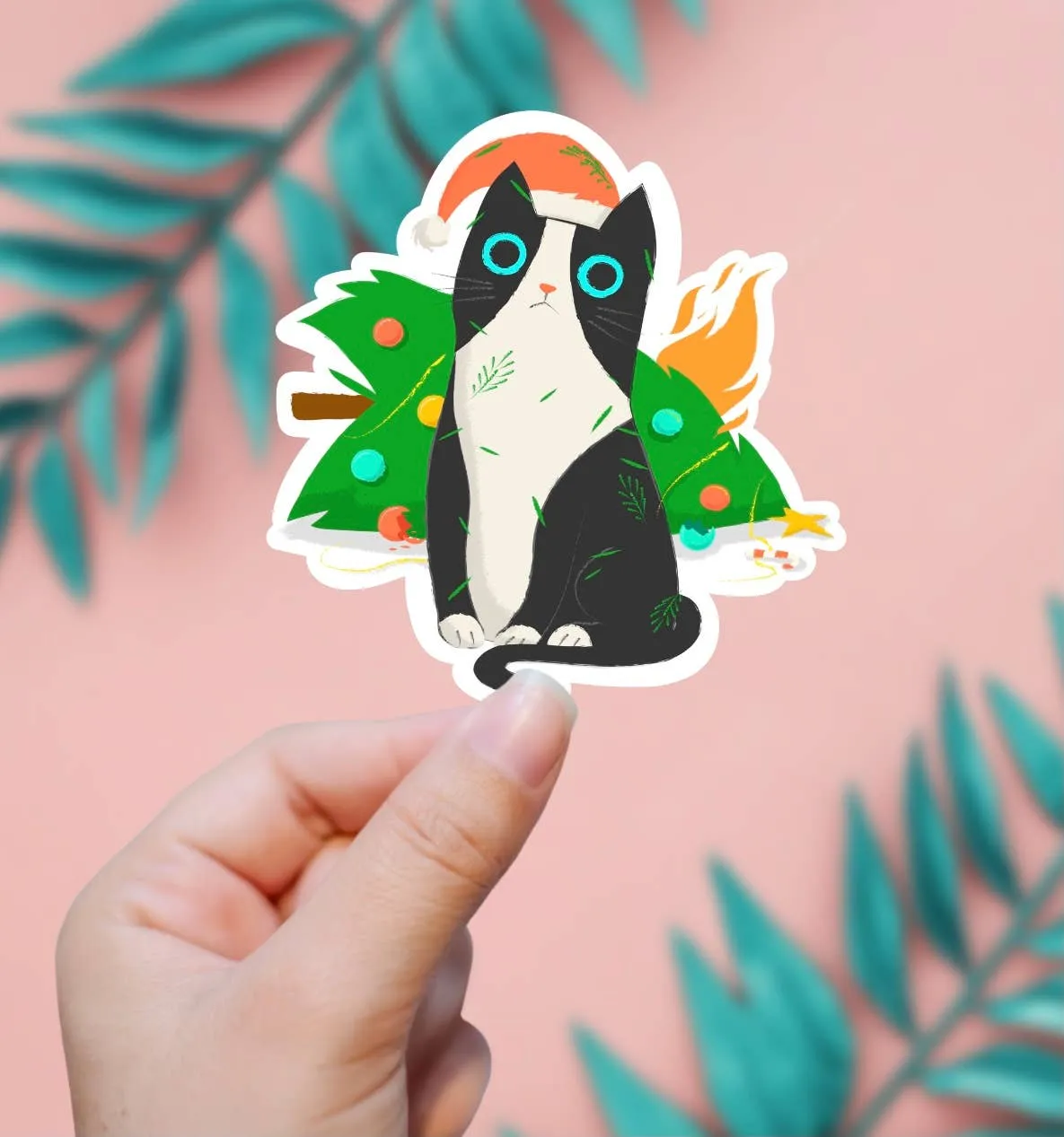 Cat Burning Christmas Tree Sticker