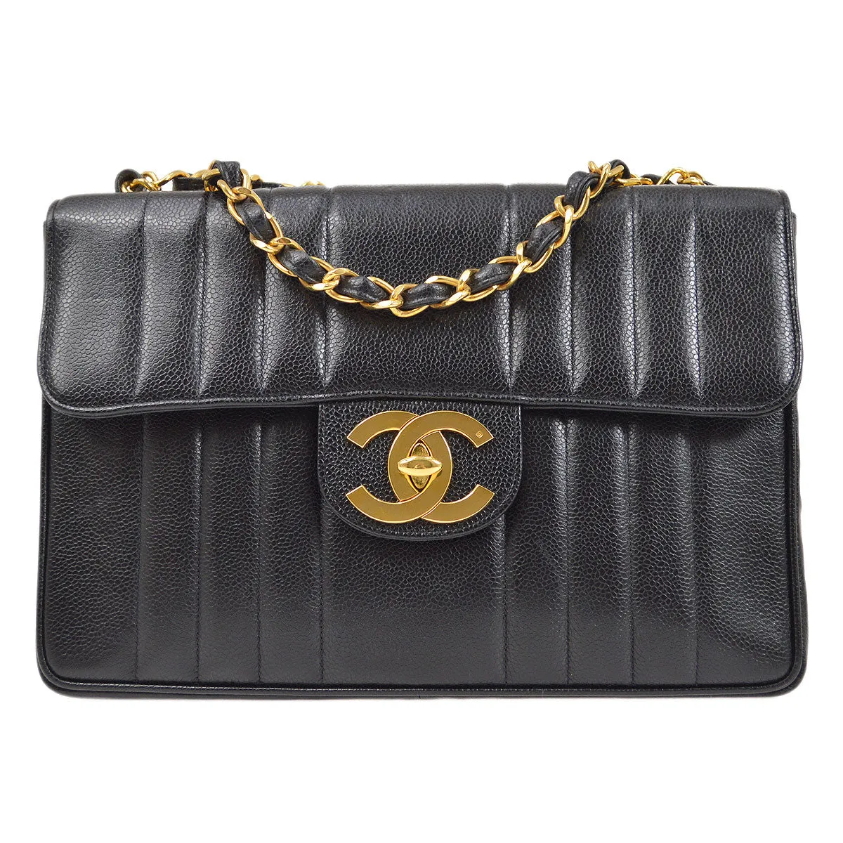 CHANEL 1991-1994 Black Caviar Vertical Classic Flap Jumbo 14367