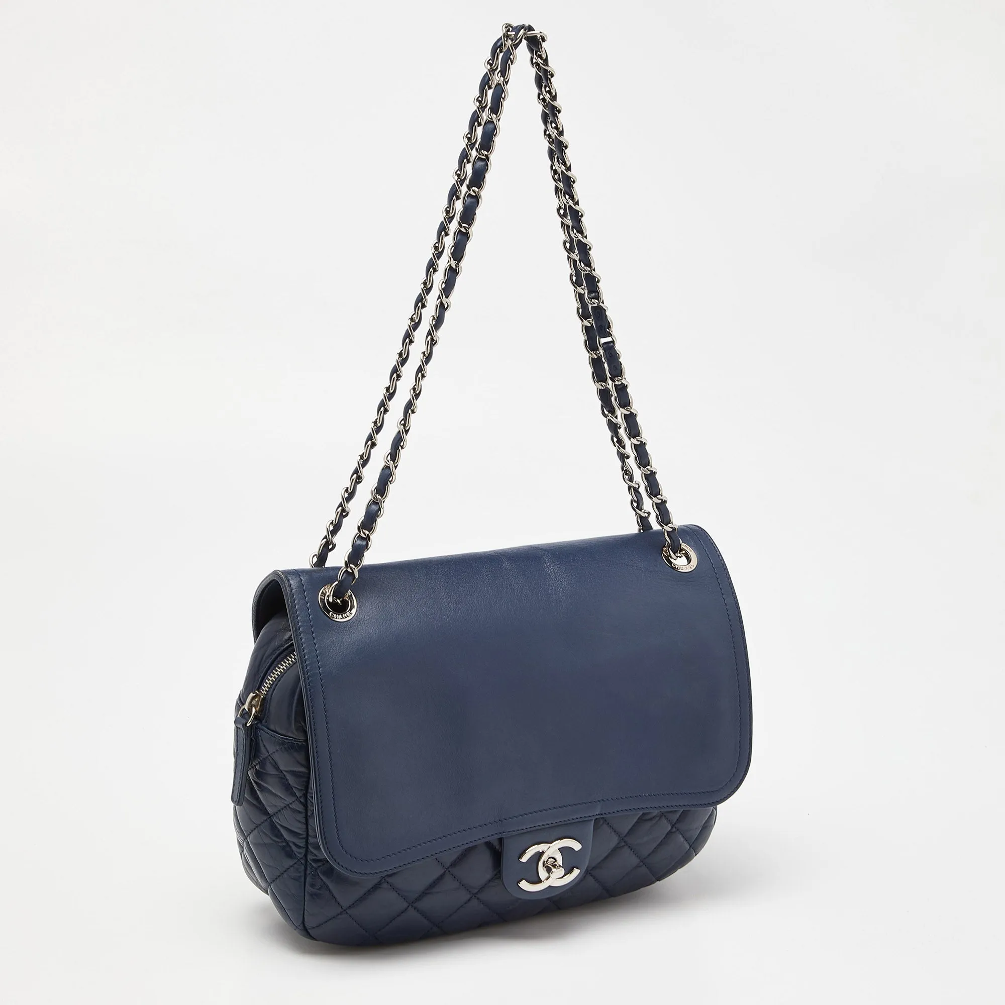 CHANEL Blue Quilted Aged Leather Flap Shoulder Bag