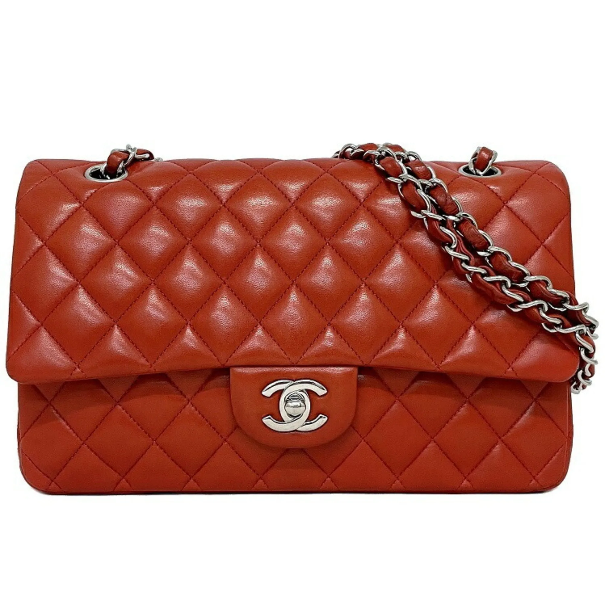 Chanel Chain Shoulder Bag 25 Red Matrasse A01112 W Flap Leather Lambskin 15s Chanel Coco Mark Turn Lock Quilted Double HandBag