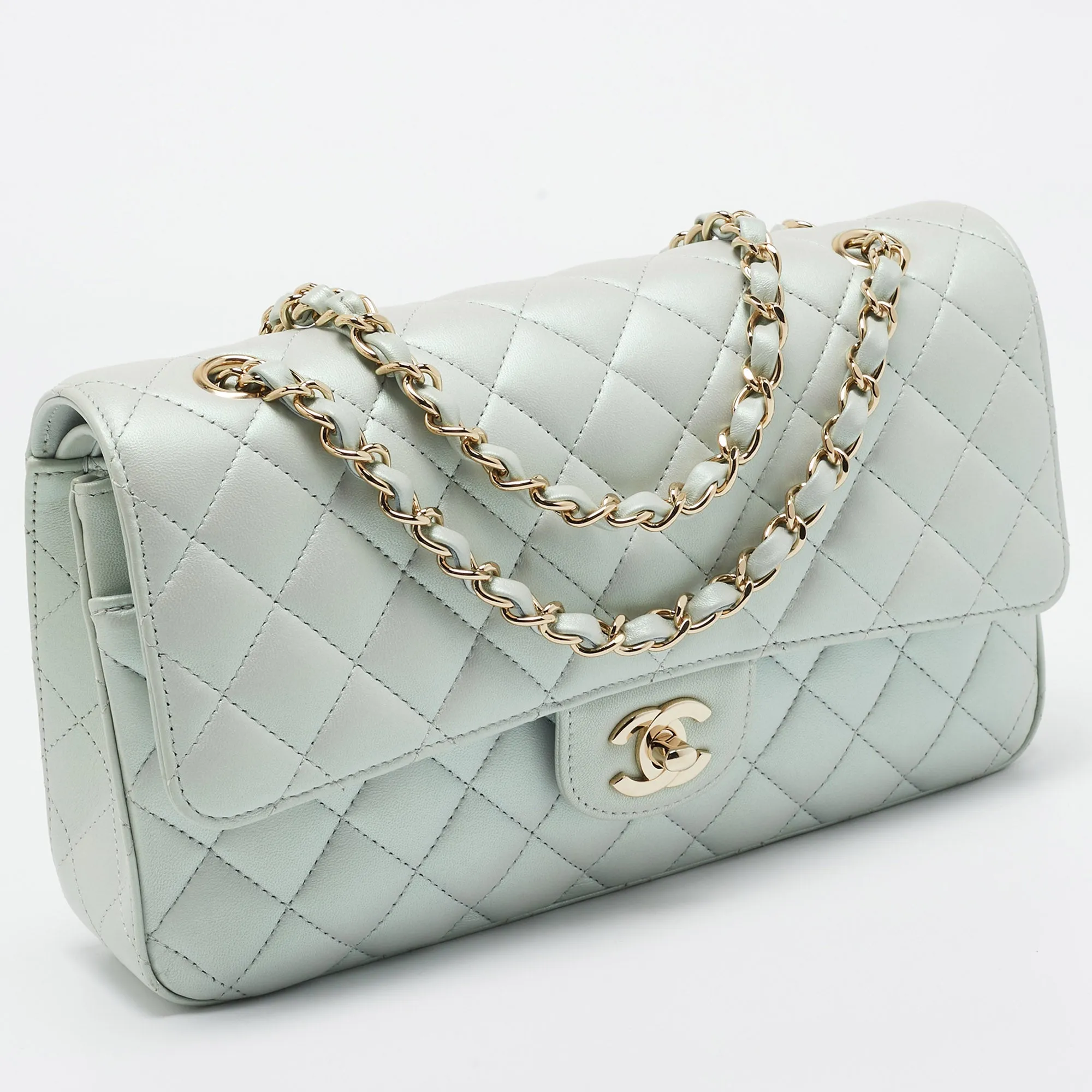 CHANEL Green Iridescent Quilted Leather Medium Classic Double New Bag