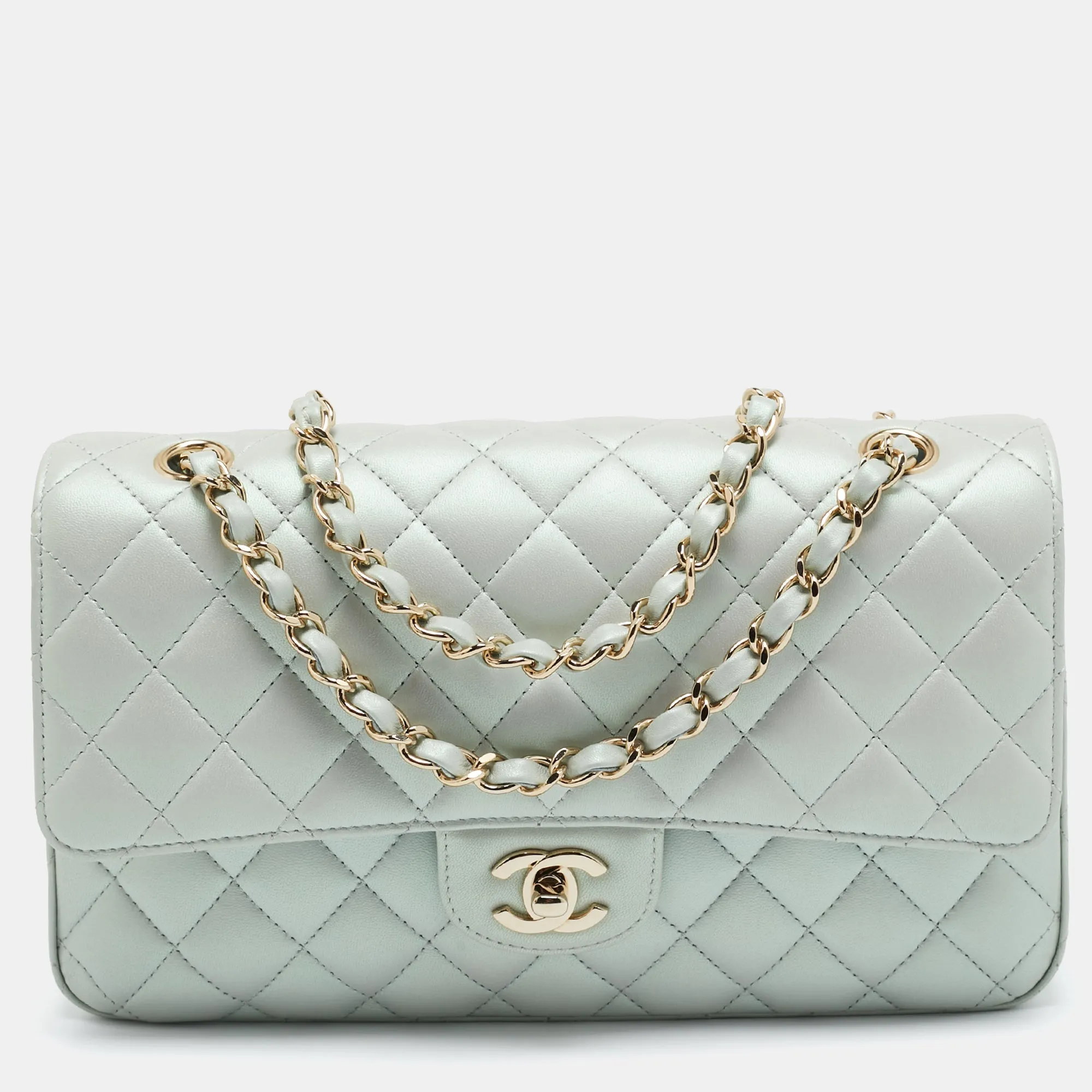 CHANEL Green Iridescent Quilted Leather Medium Classic Double New Bag