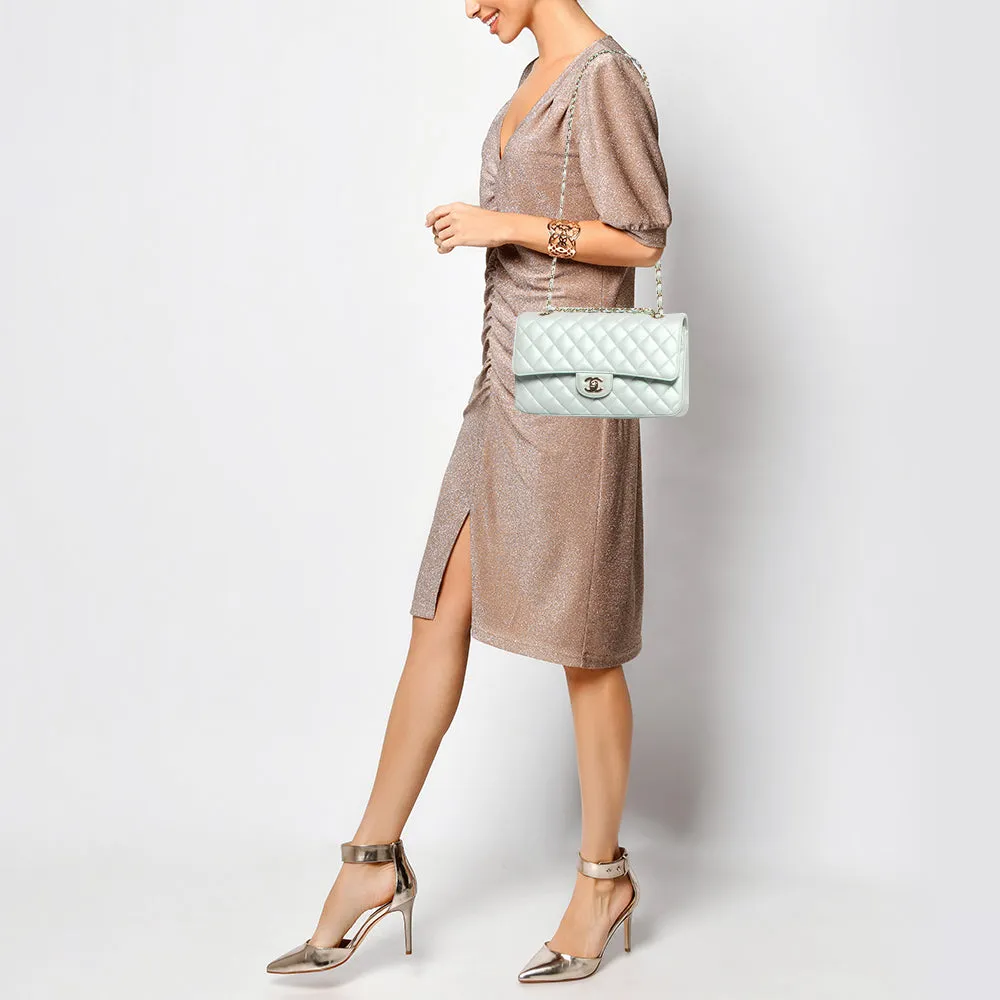 CHANEL Green Iridescent Quilted Leather Medium Classic Double New Bag