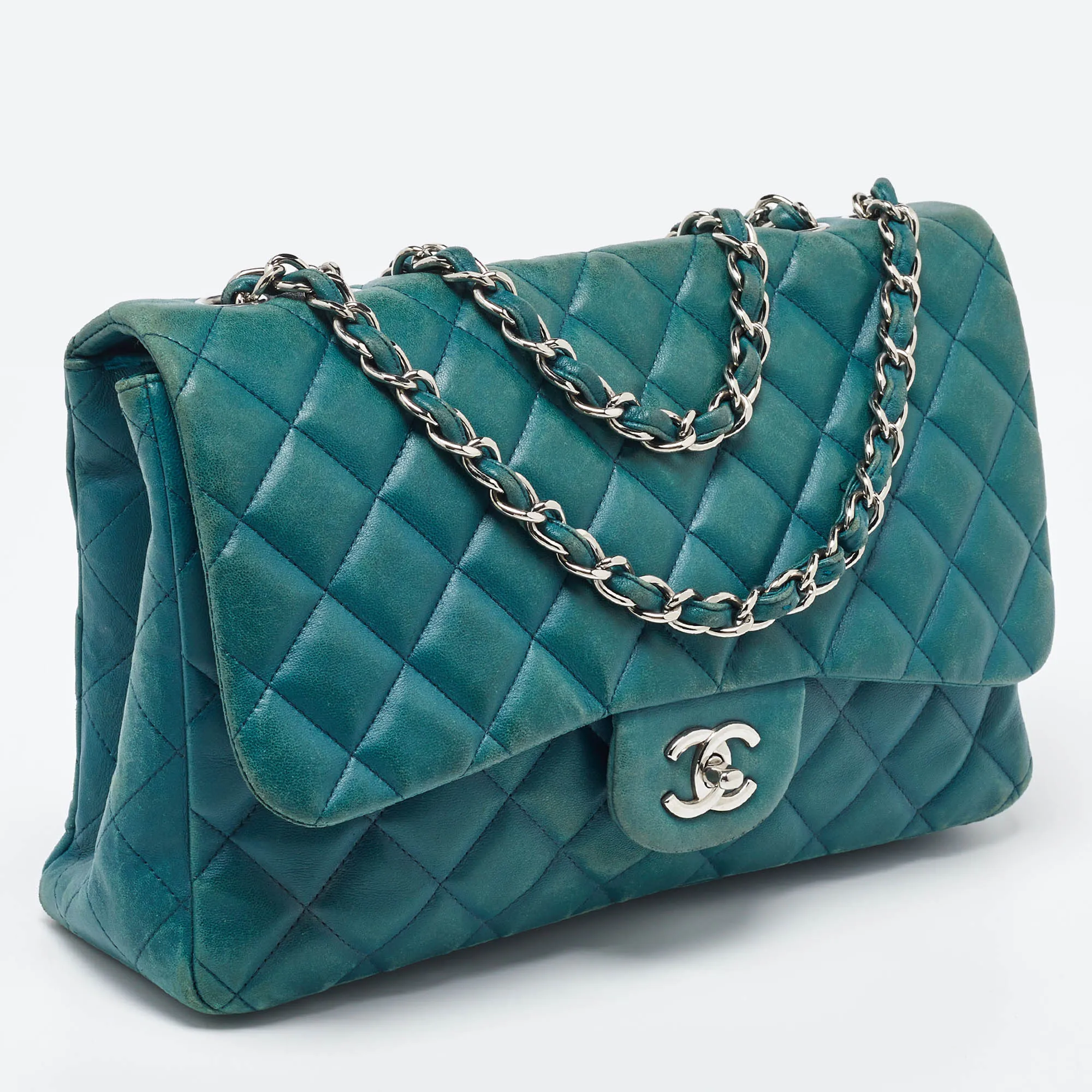 CHANEL Green Quilted Leather Jumbo Classic Double New Bag