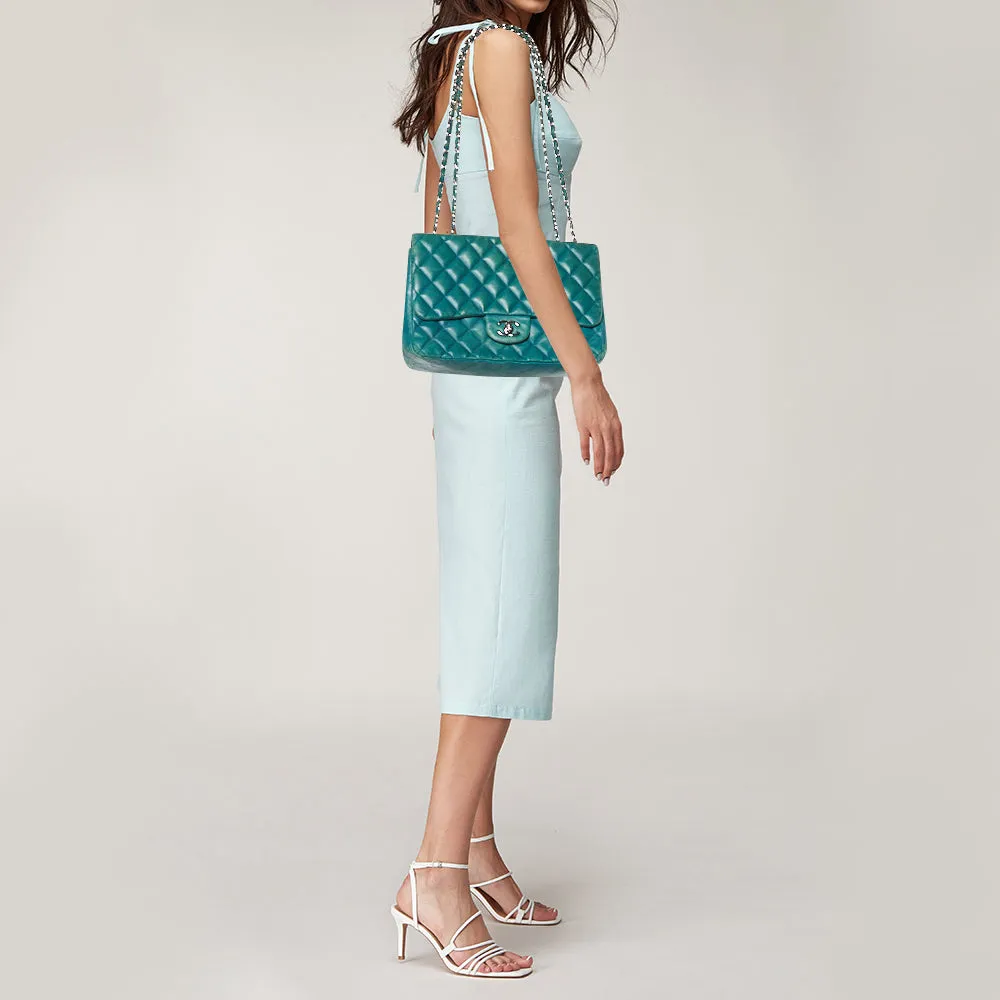 CHANEL Green Quilted Leather Jumbo Classic Double New Bag
