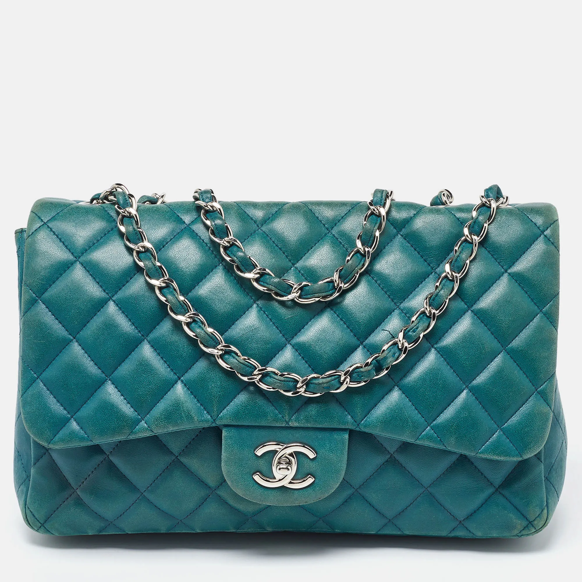 CHANEL Green Quilted Leather Jumbo Classic Double New Bag