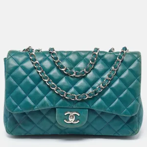 CHANEL Green Quilted Leather Jumbo Classic Double New Bag