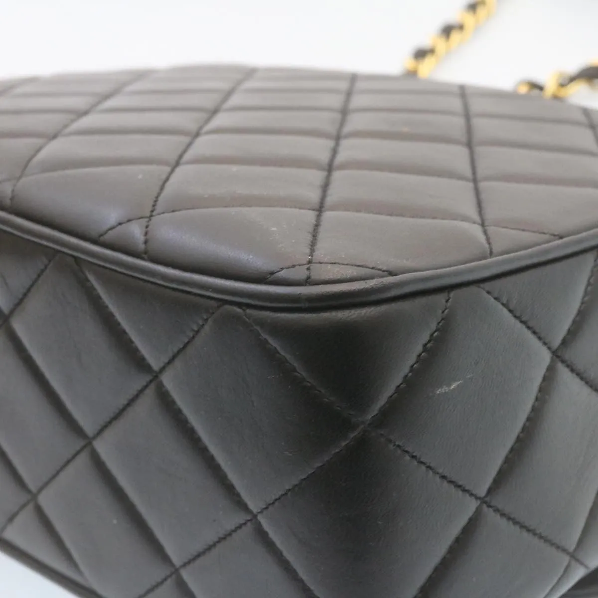 Chanel Matelasse Chain Flap Shoulder Bag Lamb Skin Black Gold CC Auth 28632A