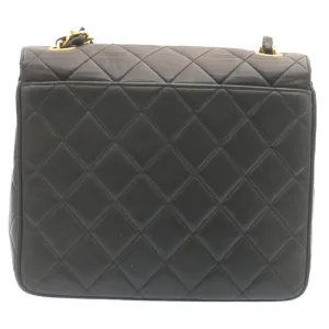 Chanel Matelasse Chain Flap Shoulder Bag Lamb Skin Black Gold CC Auth 28632A