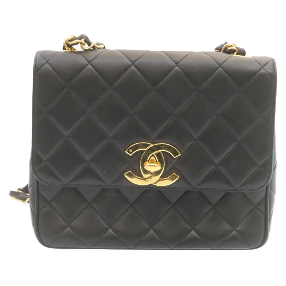 Chanel Matelasse Chain Flap Shoulder Bag Lamb Skin Black Gold CC Auth 28632A