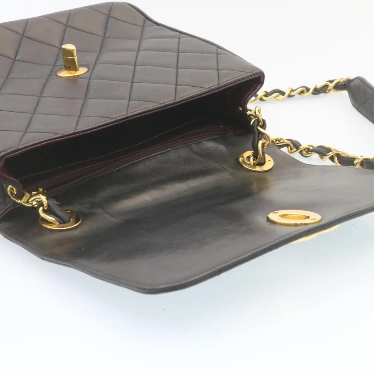 Chanel Matelasse Chain Flap Shoulder Bag Lamb Skin Black Gold CC Auth 28632A