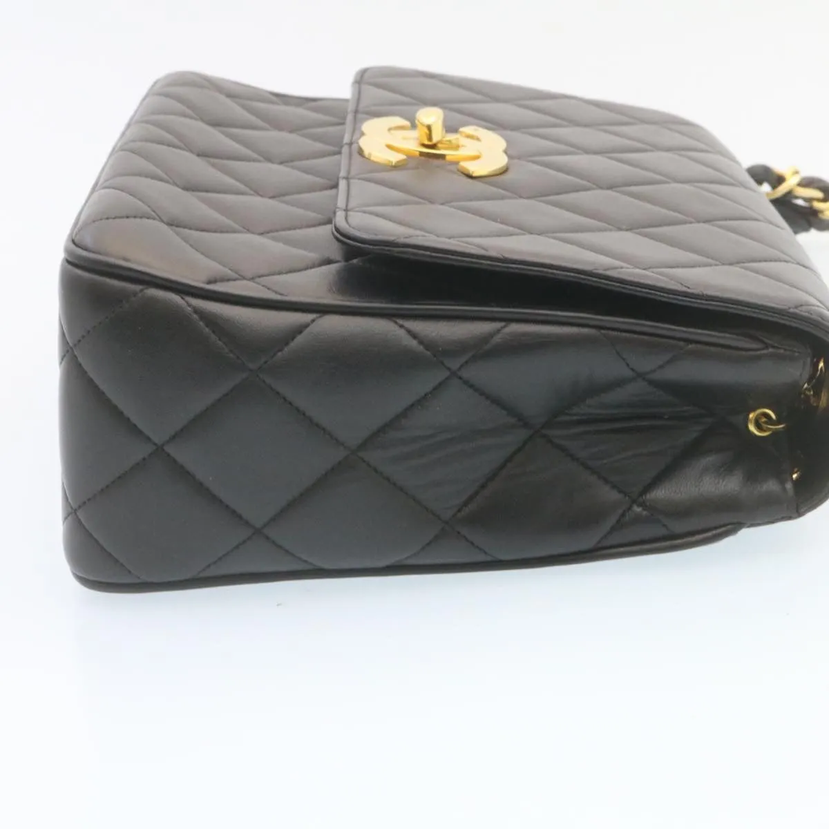 Chanel Matelasse Chain Flap Shoulder Bag Lamb Skin Black Gold CC Auth 28632A