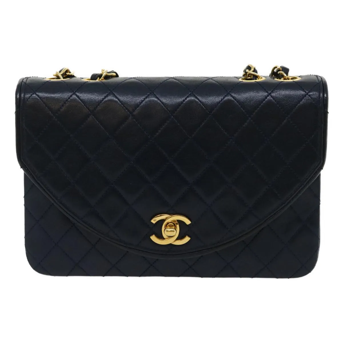Chanel Matelasse Chain Flap Shoulder Bag Lamb Skin Navy Gold CC Auth am2602gA
