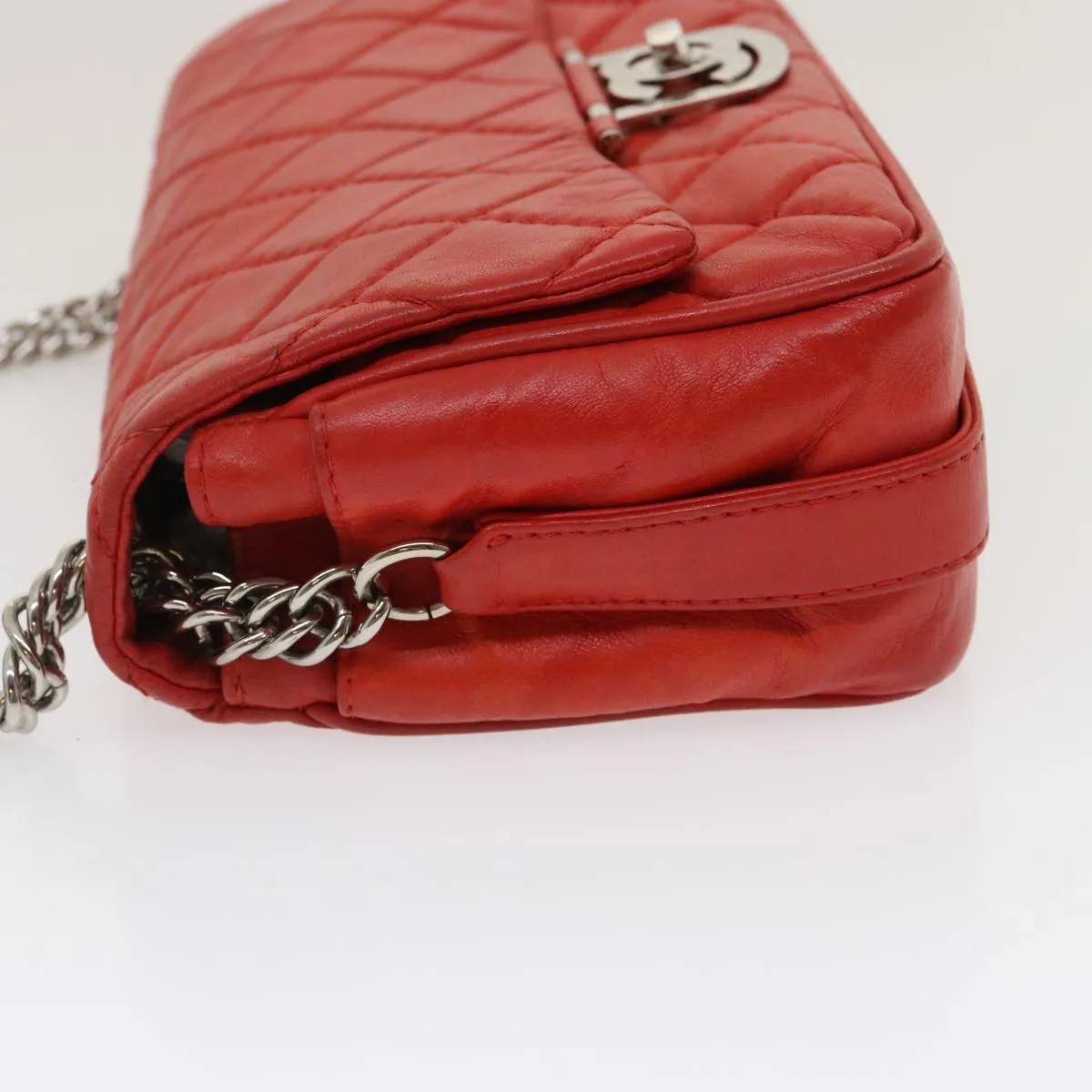 Chanel Matelasse Chain Flap Shoulder Bag Lamb Skin Turn Lock Red CC  35174A