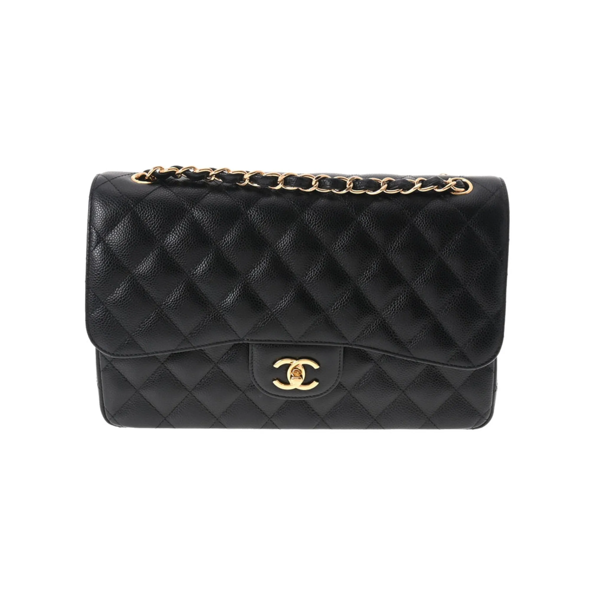 Chanel matelasse chain shoulder W flap 30cm black ladies caviar skin Bag