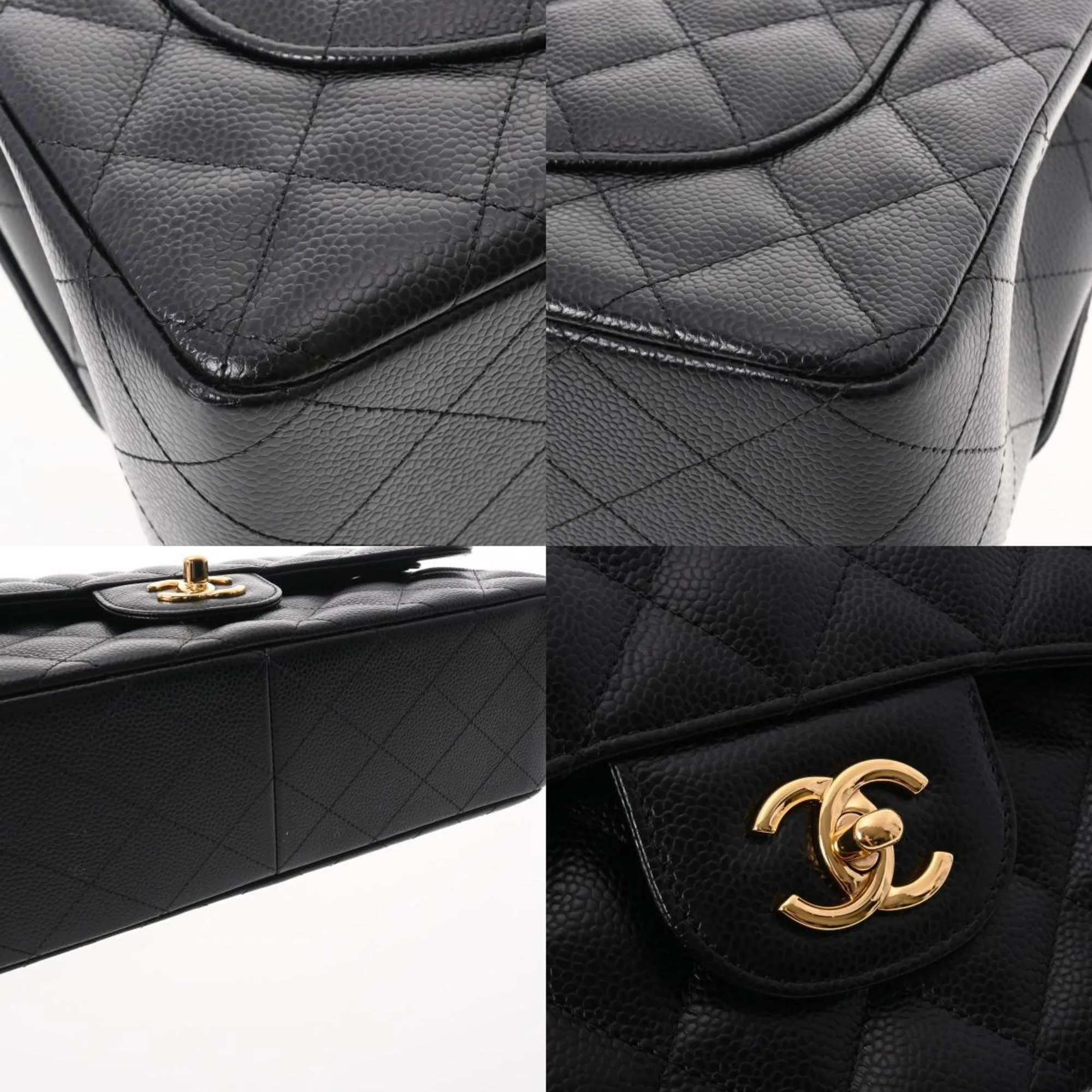 Chanel matelasse chain shoulder W flap 30cm black ladies caviar skin Bag