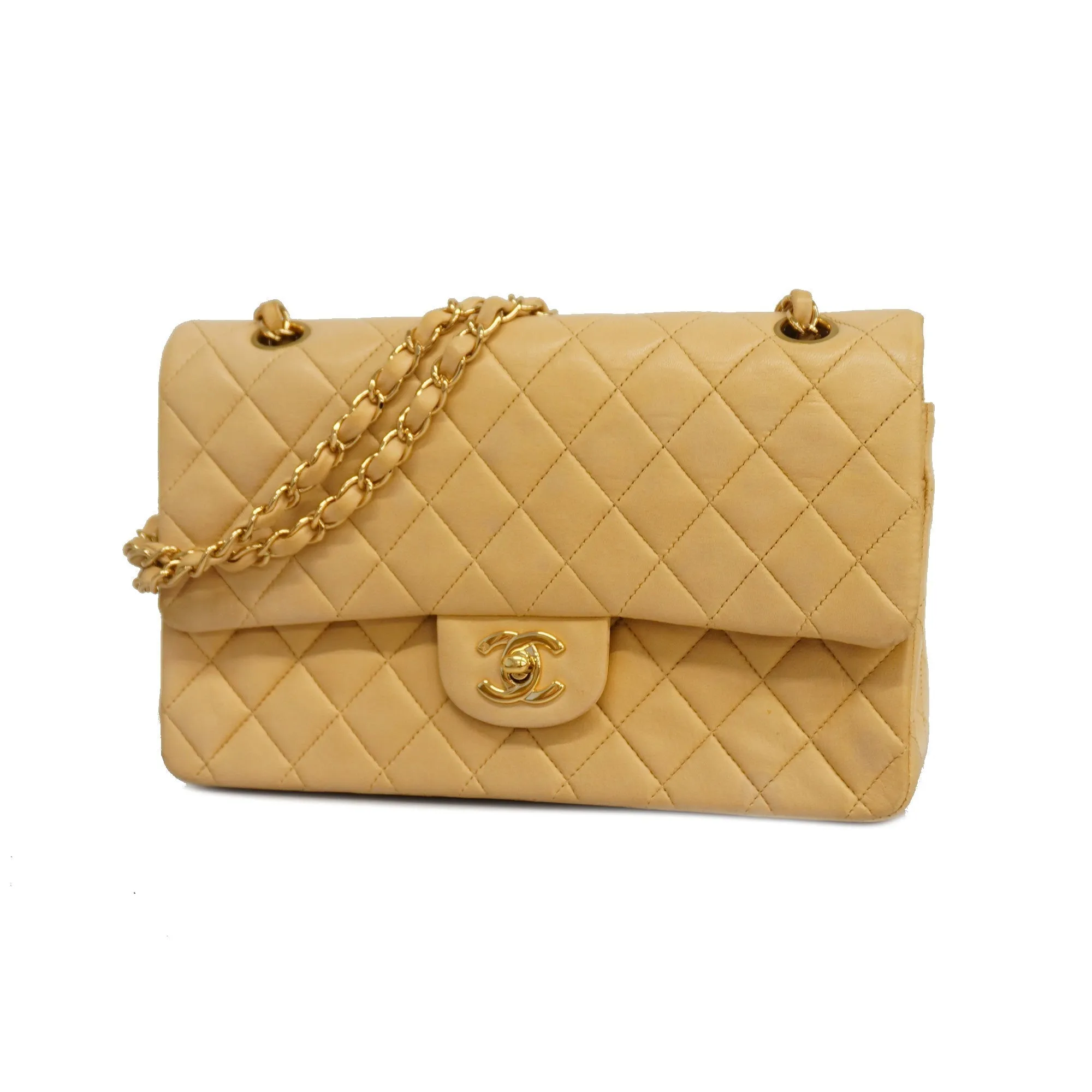 Chanel  Matelasse W Flap W Chain Lambskin Women's Leather Shoulder Bag Beige