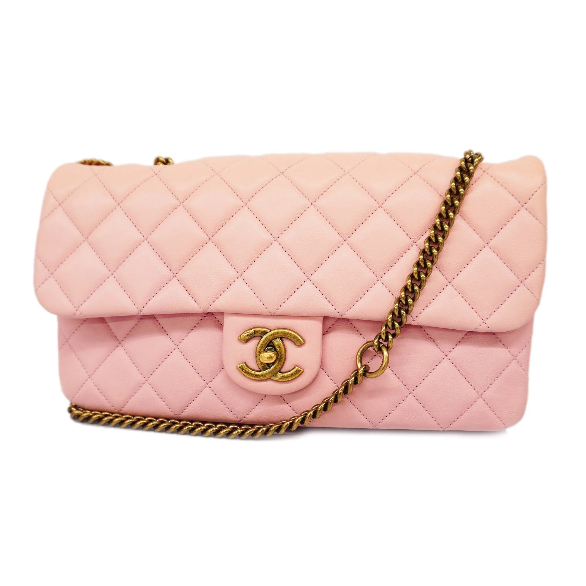 Chanel  Matelasse W Flap W Chain Women's Leather Shoulder Bag Pink