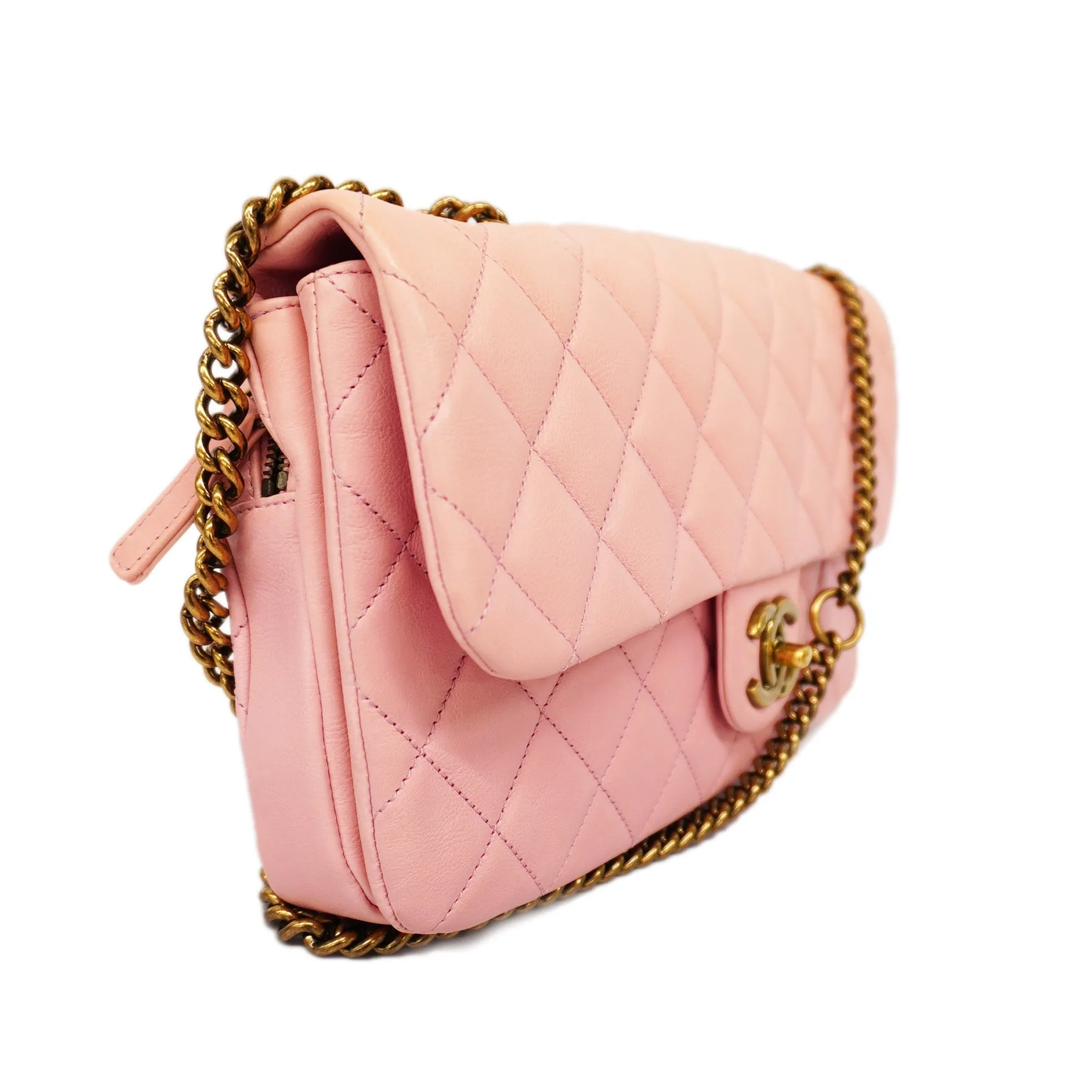 Chanel  Matelasse W Flap W Chain Women's Leather Shoulder Bag Pink