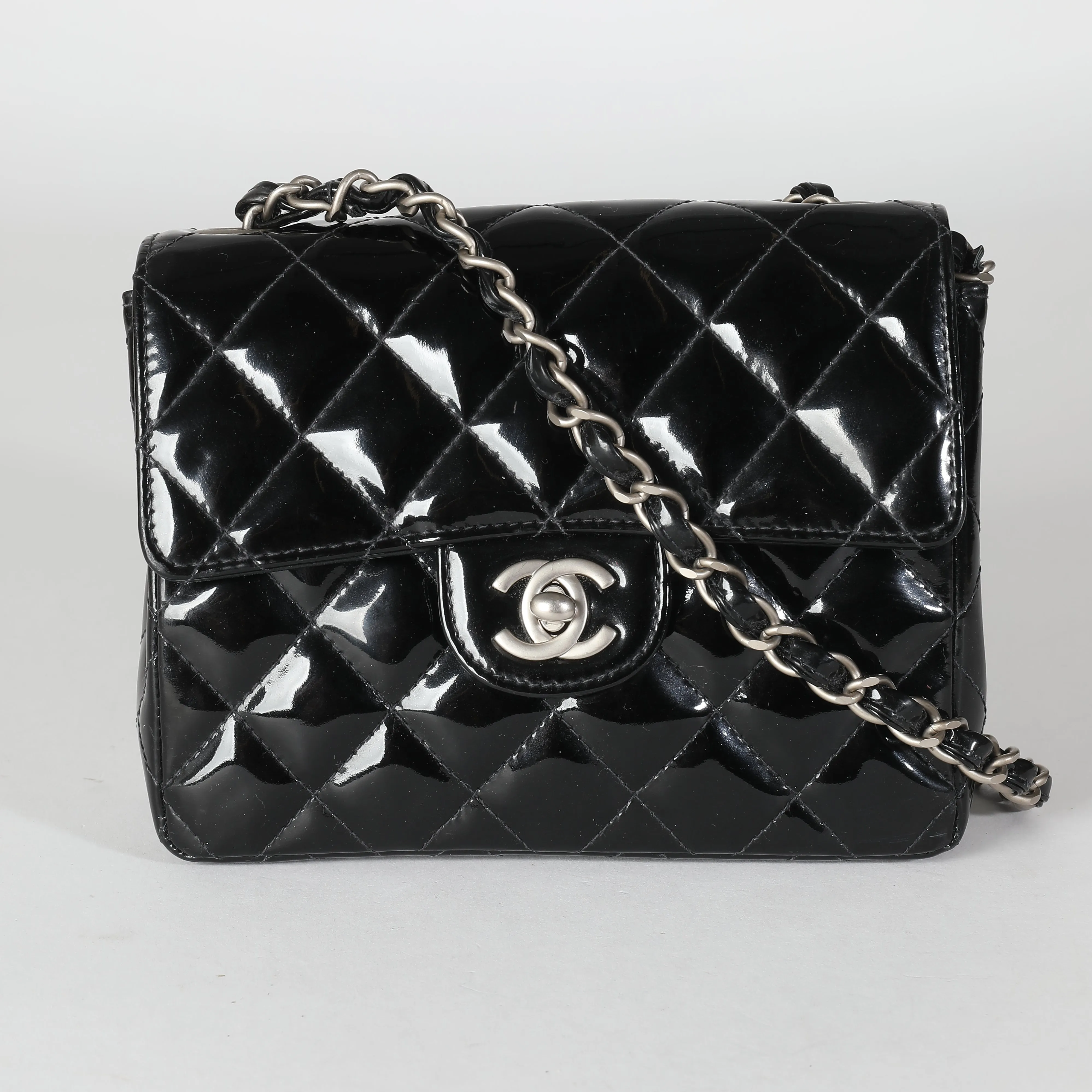 CHANEL Vintage Black Quilted Patent Mini Square New Bag